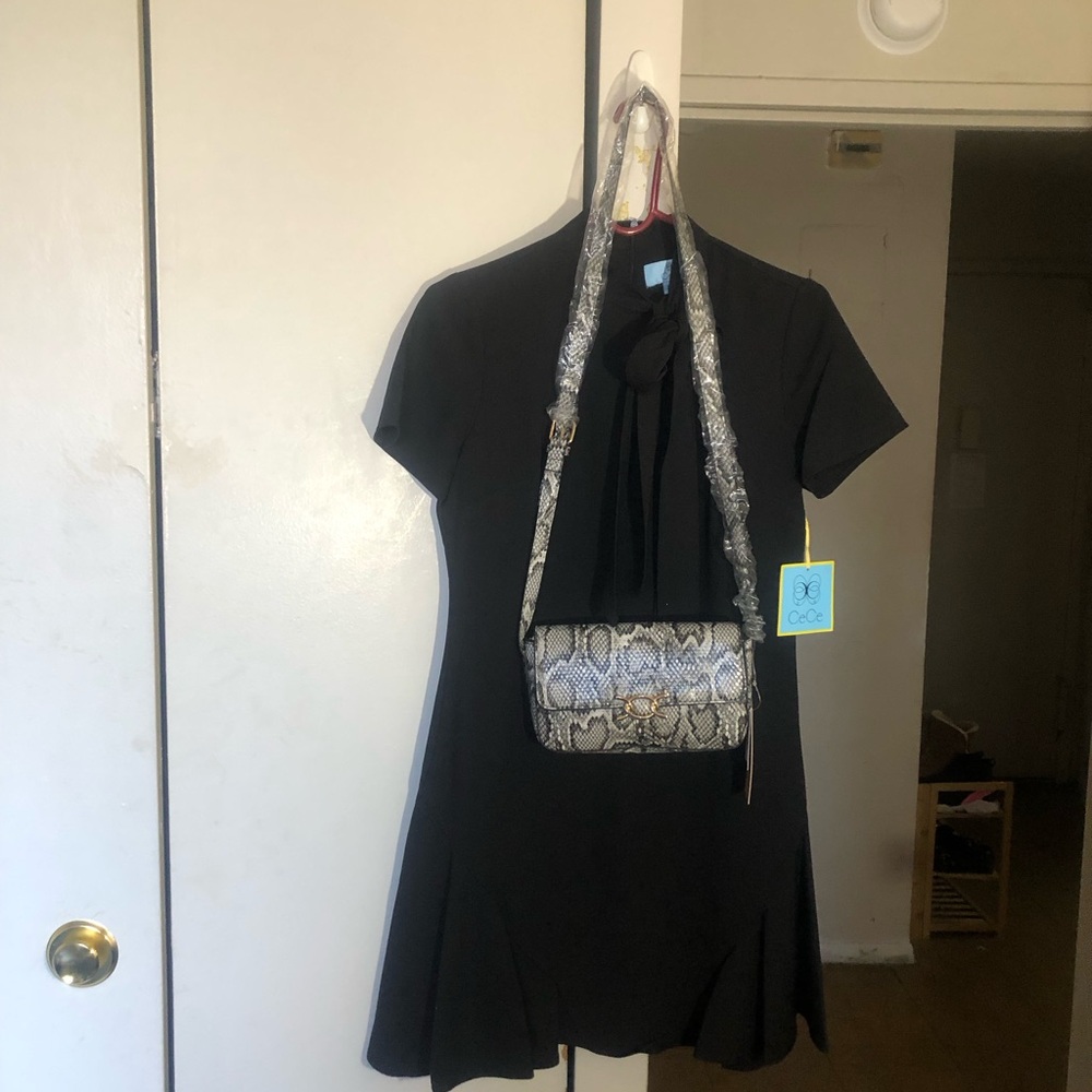 Women's Black Short-Sleeve Bow Neck Dress and a crossbody bag. - Picture 4 of 5